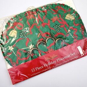 VTG Holiday Time 12 Piece Christmas Placemat Set Napkins Napkin Rings Set 4‎ NIP